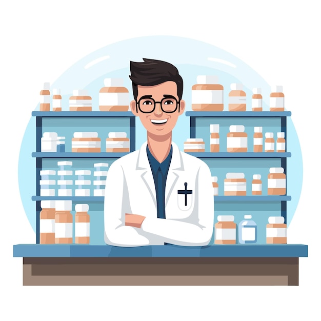 Vector simple pharmacist attending customers cartoon vector illustration