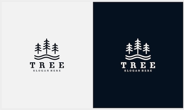 Simple pine tree evergreen with river symbol logo template with line art style