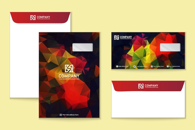 シンプルな多角形ビジネス赤と黒の色 C4 と DL 封筒のテンプレート