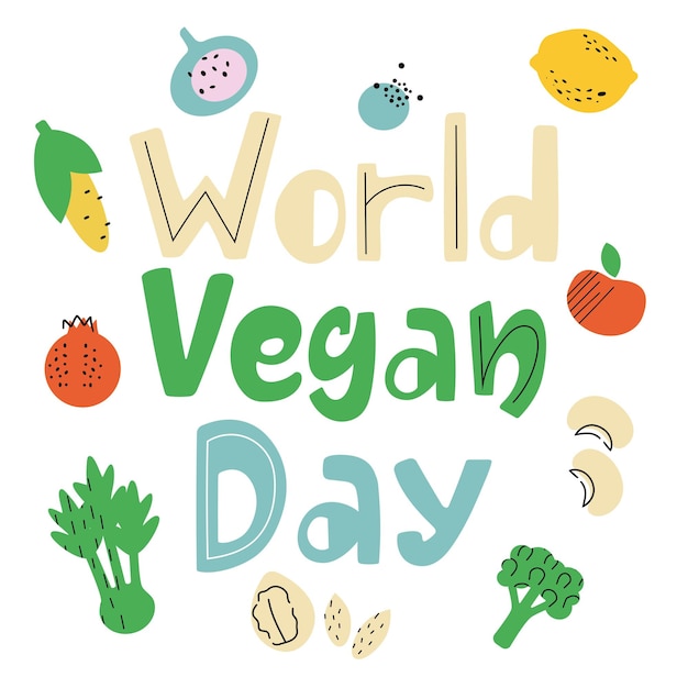 Simple poster design world vegan day Hand drawn colourful fruits and vegetables