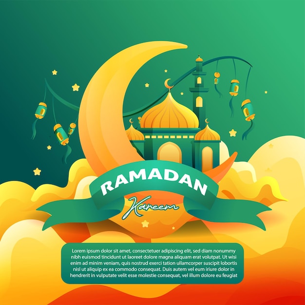 Simple Ramadan Kareem Greeting Square Social Media Post Template With Mosque Crescent Moon and Lantern on Clouds