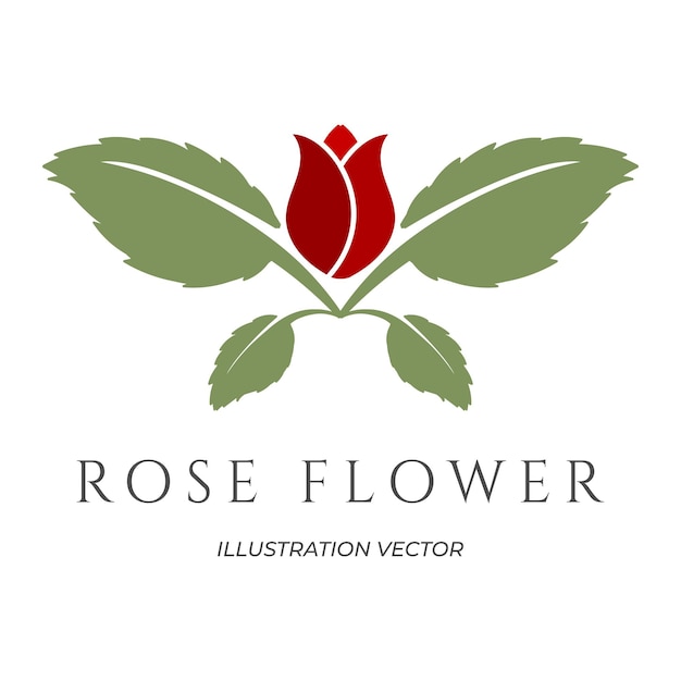 シンプルな赤いバラの花と緑の葉のアイコンシンボルのイラスト