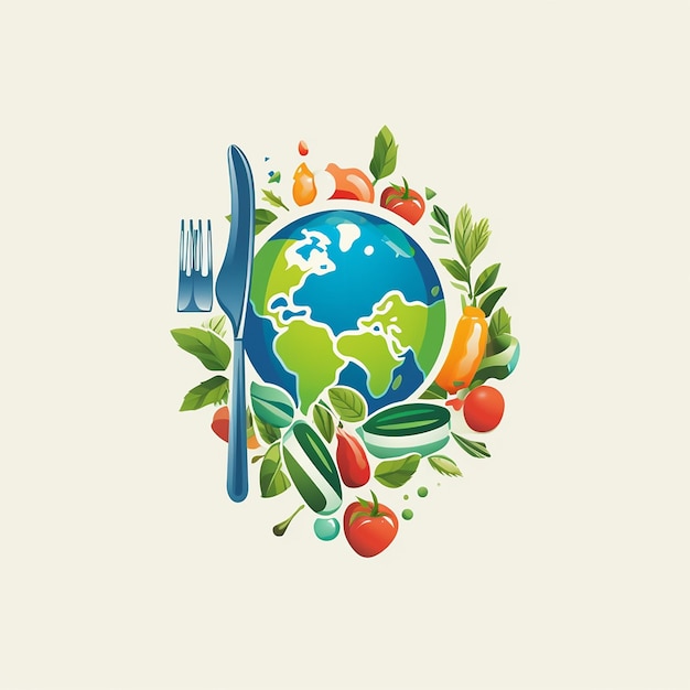 Simple refined and childlike logo of a sustainable planet with healthy food and machines