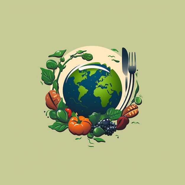 Vector simple refined and childlike logo of a sustainable planet with healthy food and machines