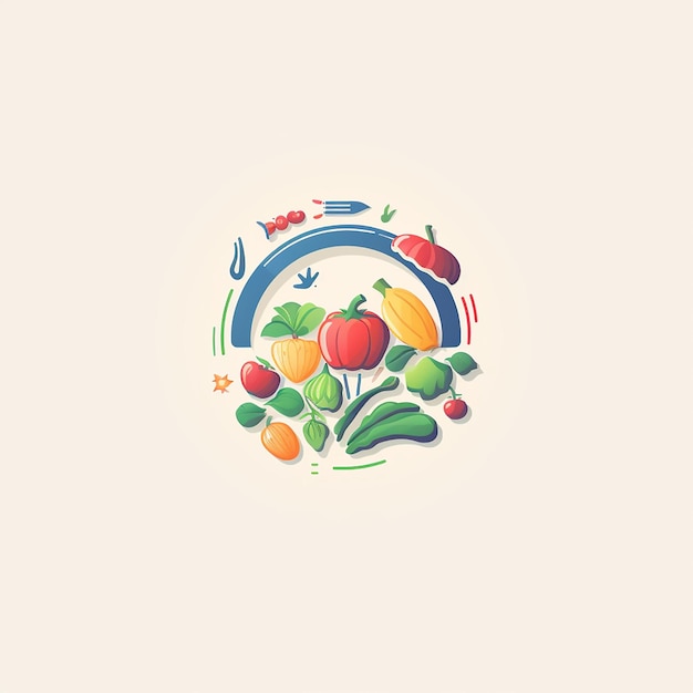 Simple refined and childlike logo of a sustainable planet with healthy food and machines