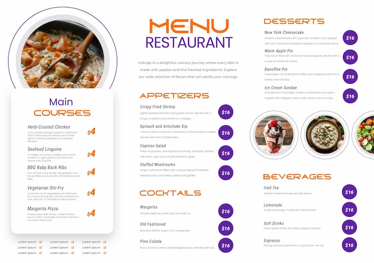 Vector simple restaurant food and drink menu minimalist style editable text purple orange vector