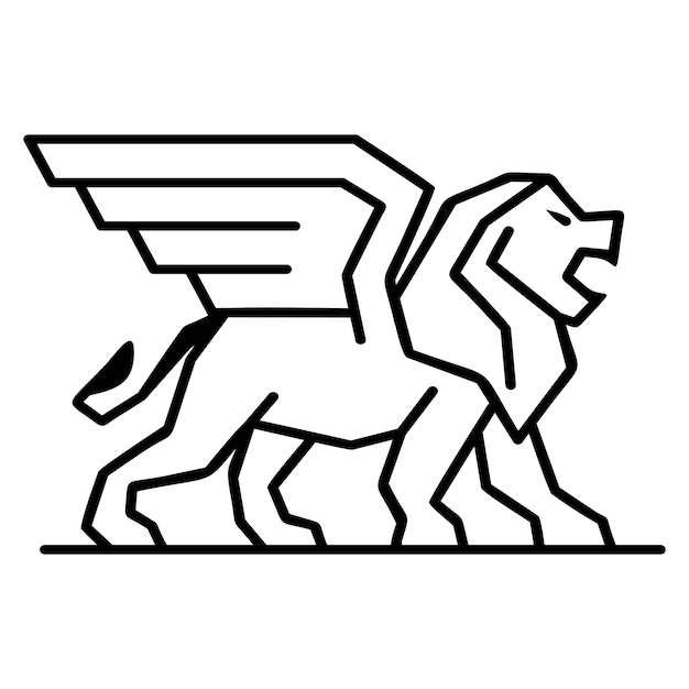 シンプルでレトロな翼のあるシルエットのライオンのロゴがクラシックな轟音を上げながら歩く