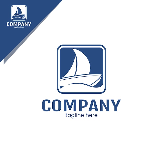 Vector simple sailing ship logo with blue waves