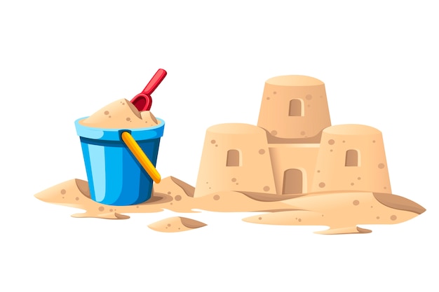 Simple sand castle with blue bucket and red shovel cartoon design