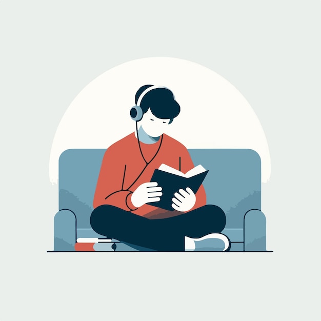 Vector simple scene of people with book and music in flat design