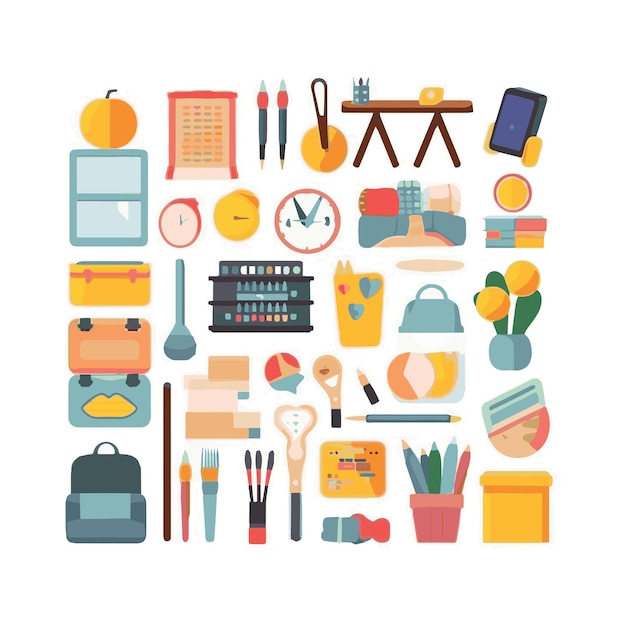 Vector simple school supplies bundle isolated white background