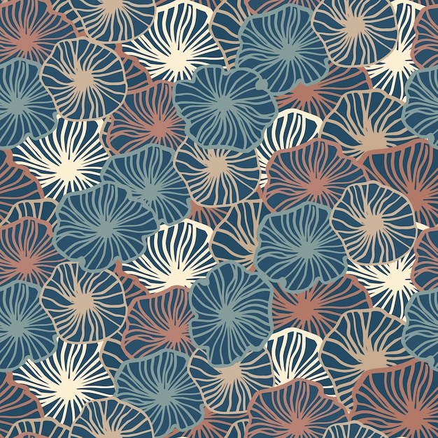 Simple seamles soutline flower shapes pattern. contoured botanic elements in blue, red and light tones. endless backdrop.