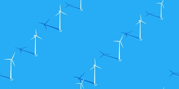 Vector simple seamless flat abstract ocean with wind turbines vector illustration background