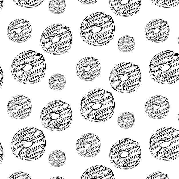 간단한 원활한 패턴, 흑백 손으로 그린 도넛 낙서, 페이지 색칠, 인쇄