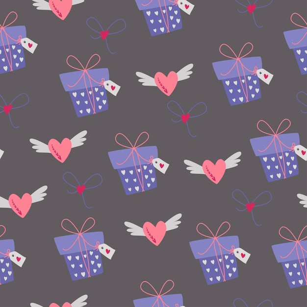 Simple seamless pattern. Gifts and hearts with wings. Valentine's Day background. Flat design in boho style.