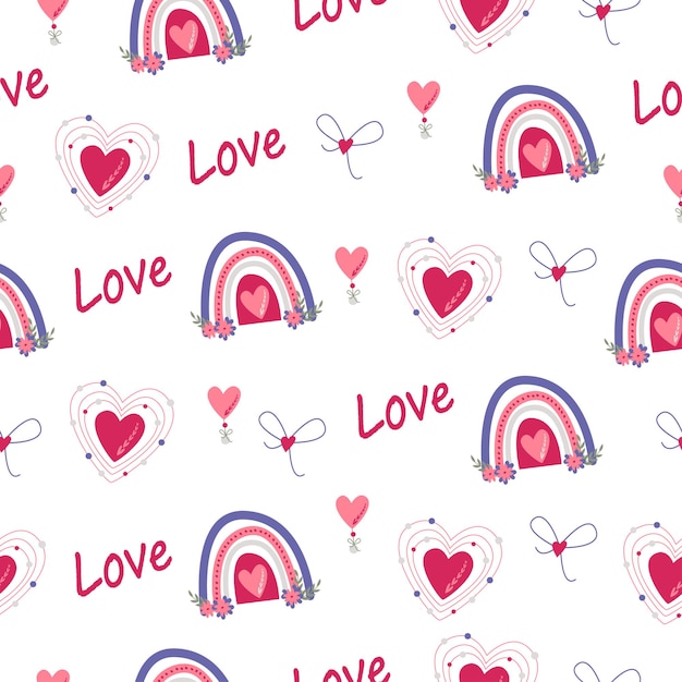 Simple seamless pattern. Heart, rainbow, love, bow. Valentine's Day background. Flat design in boho style.