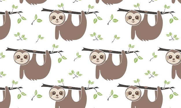 A simple seamless pattern on a transparent background with the image of a cute sloth on a branch