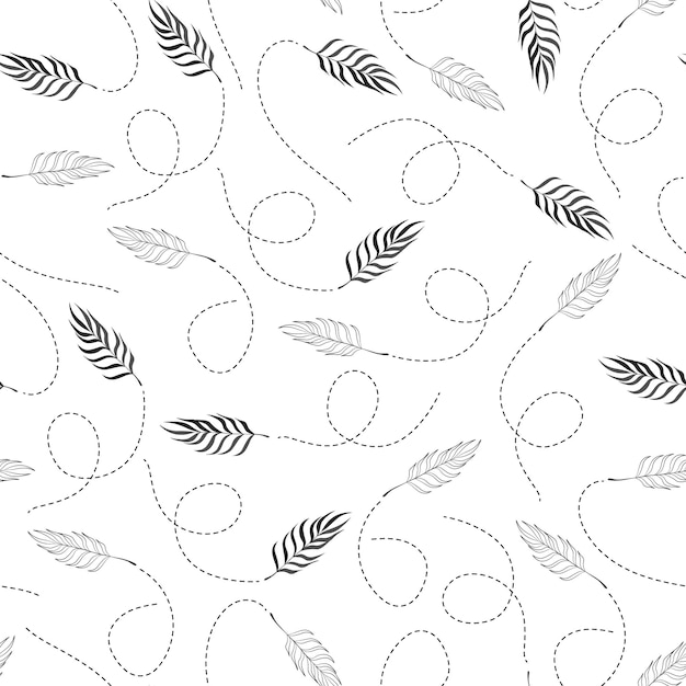 Simple seamless pattern with black palm leaves and dotted lines