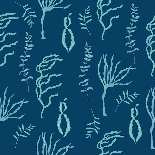 Вектор Простой бесшовный узор с синими водорослями, нарисованными вручную на темном фоне. векторная иллюстрация
