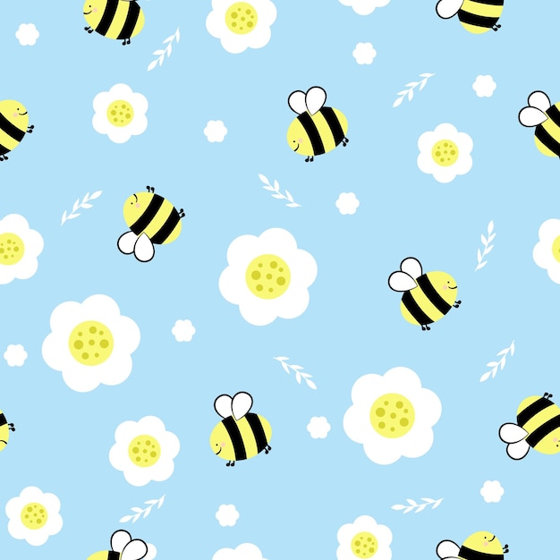 Simple seamless pattern with flowers leaves and smiling bee Cute spring pattern