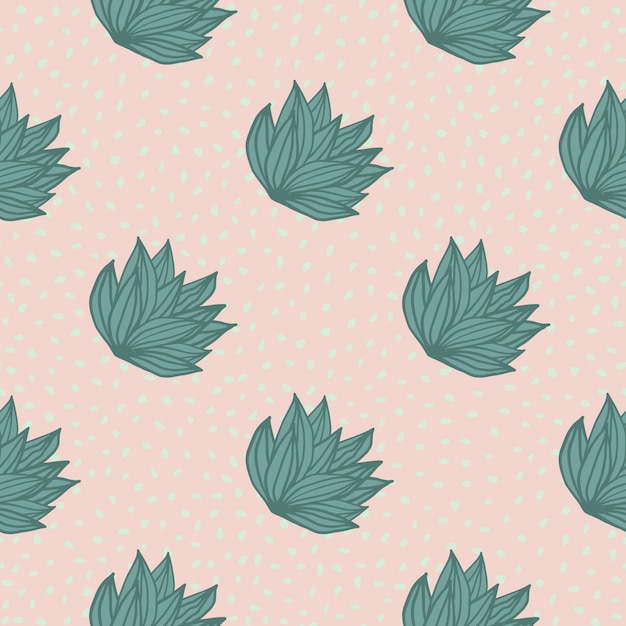 Simple seamless pattern with hand drawn bush leaves. light pink background with dots and green outline foliage.