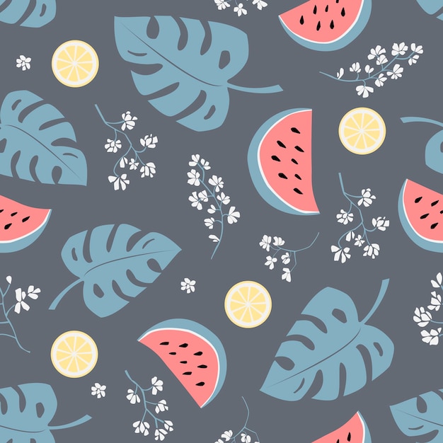 Simple seamless vector grey pattern of monstera leaves watermelons lemons flowers