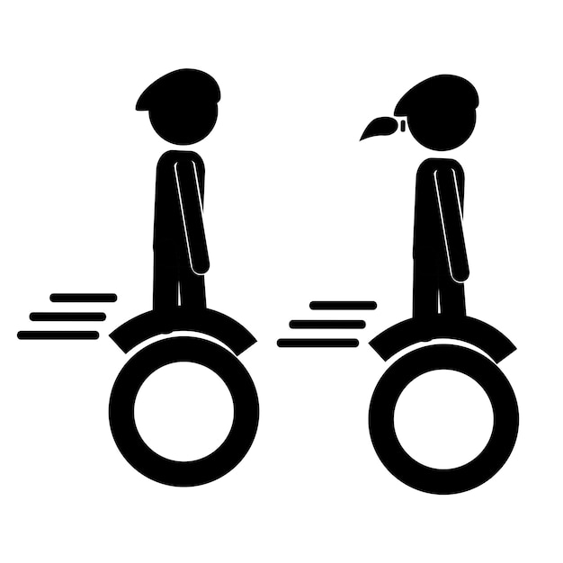 Simple set 2 vector icon stickman woman and man riding electric hoverboard using safety helmet