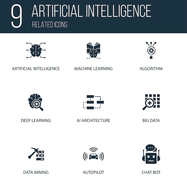 Simple Set of 9 Artificial Intelligence Related Icons. Contains such Icons as Algorithm, Big data, Chat Bot and more. concept symbol creative design. Can be used for web UI/UX