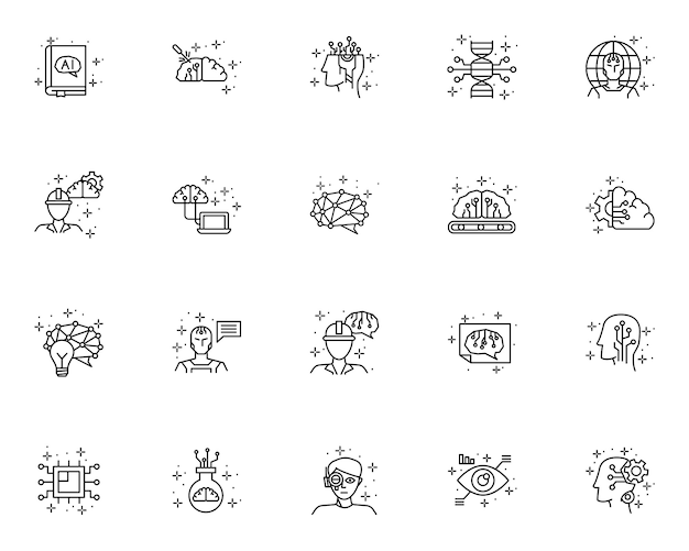 Simple set of artificial intelligence related icons in line style