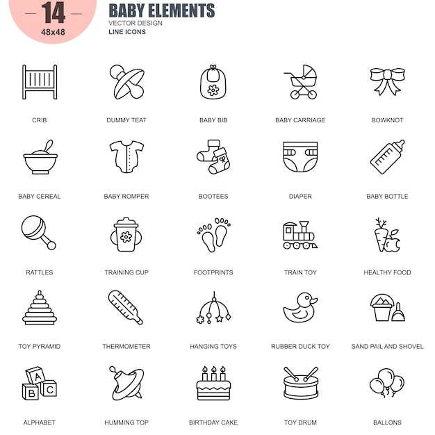 Simple set of baby elements related vector line icons