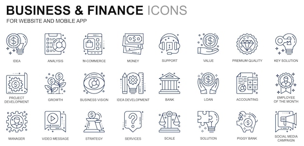 Semplici icone di linea aziendale e finanziaria per siti web e app mobili contengono icone come analisi...