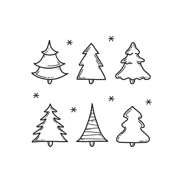 Vector simple set of christmas trees decorations snowflakes black outline winter design doodle vector illustration in cartoon style illustration isolated on white background line art