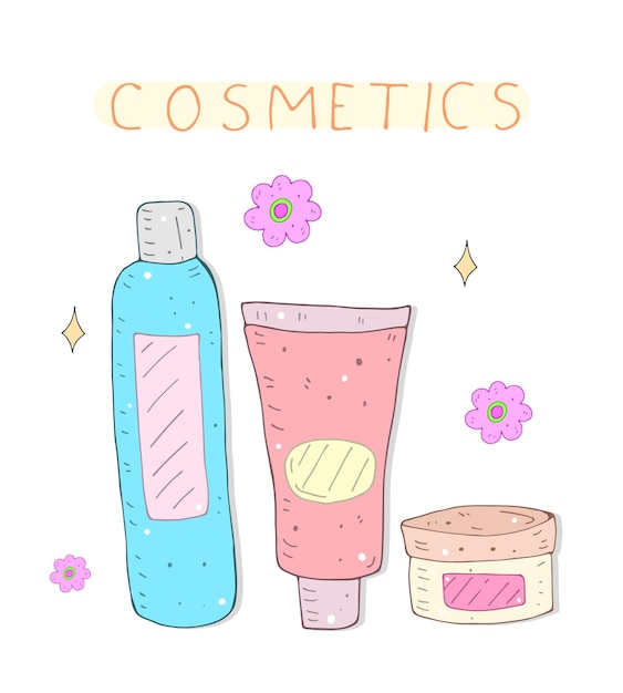 Un semplice set di cosmetici illustrazione vettoriale colorata con la scritta e gli elementi decorativi