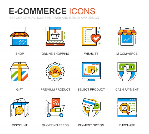 ウェブサイトのための簡単なセットeコマースとショッピングラインのアイコン
