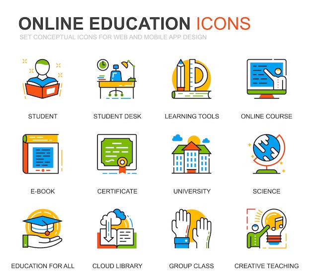 Simple set education and knowledge line icons for website