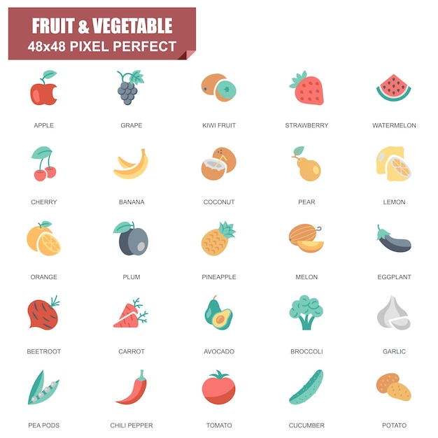 Insieme semplice delle icone piane di vettore relativo frutta e della verdura