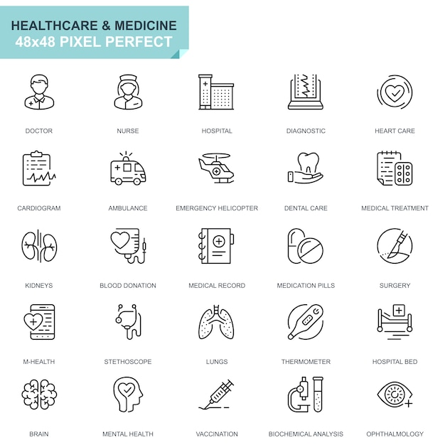 Vector simple set healthcare and medicine line icons