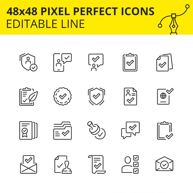 Vector simple set of icons for approval process in business and marking various milestones as passed.  pixel perfect icon,  line. .