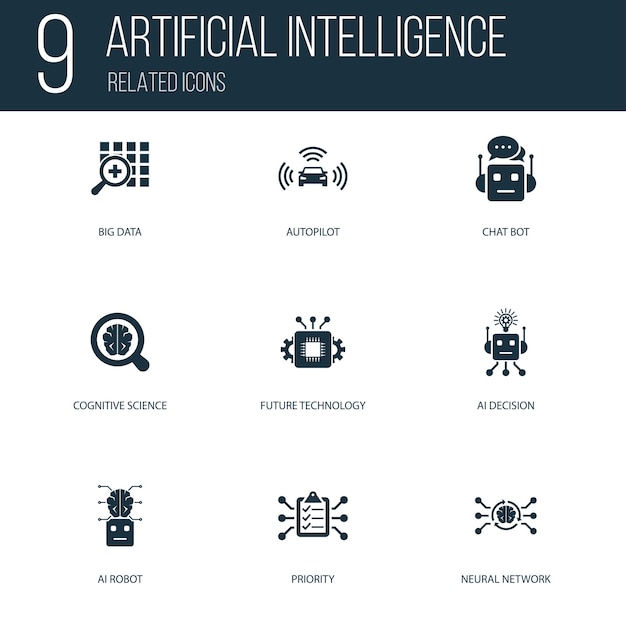 Простой набор из 9 иконок, связанных с искусственным интеллектом. содержит такие иконки, как алгоритм, большие данные, чат-бот и многое другое. концептуальный символ креативный дизайн. может использоваться для веб-интерфейса/ux