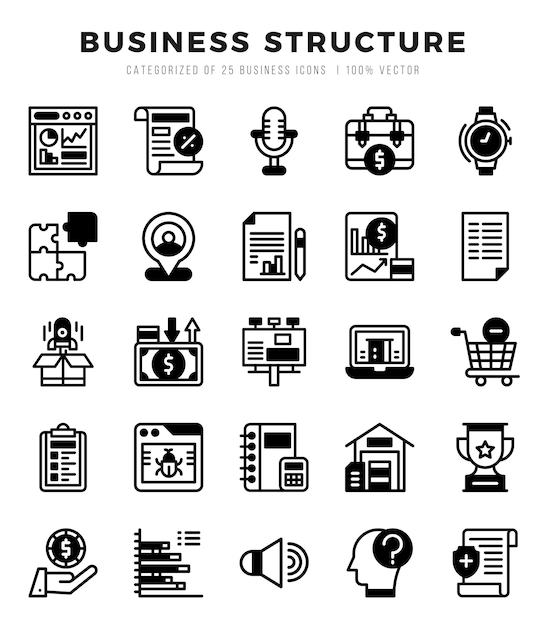 벡터 비즈니스 구조와 관련된 터 선형 채워진 아이콘의 간단한 집합