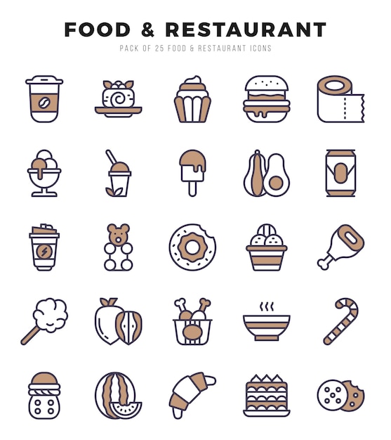 벡터 음식 및 레스토랑 관련 터 두 가지 색상 아이콘의 간단한 세트
