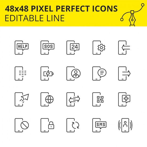 ベクトル 電話サービスに関連するアイコンのシンプルなセット。モバイル技術のアウトライン記号のコレクション。モバイル、サポート、充電、smsなどのアイコンが含まれています。ピクセルパーフェクト。ライン。 。