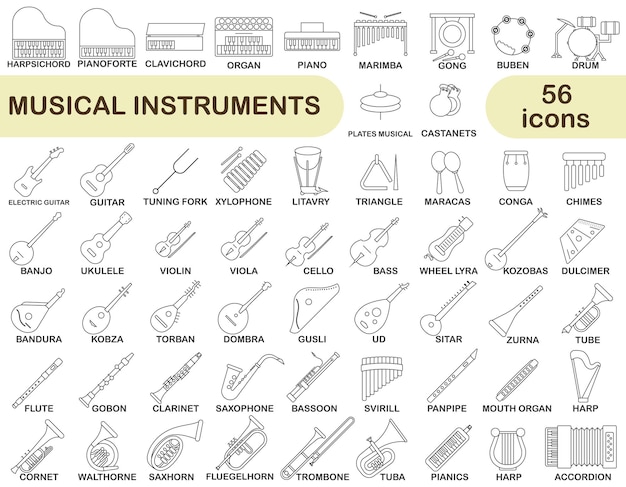 細い線のデザインでシンプルな楽器のセット さまざまな楽器のイメージ