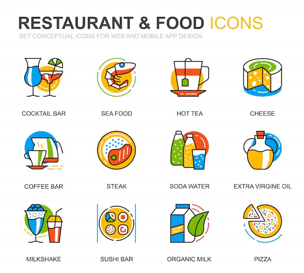 Simple set ресторан и иконки продуктов питания line для веб-сайта