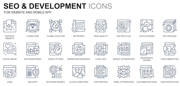 Простой набор иконок seo и development line для веб-сайтов и мобильных приложений содержит такие значки, как clean c ...