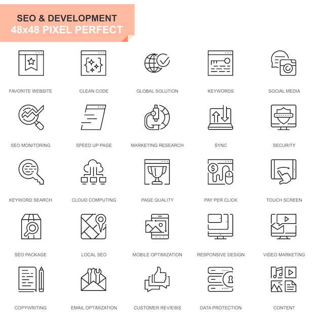 Иконки простого набора Seo и линии развития