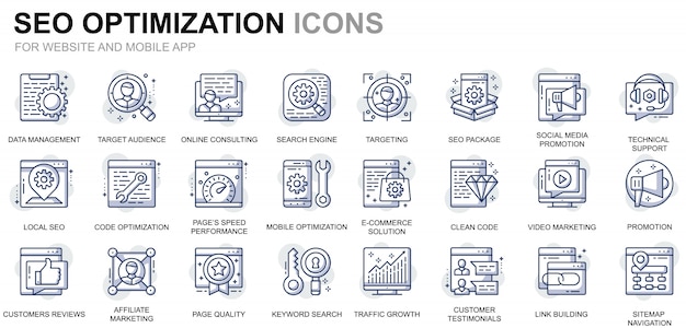 Vector simple set seo and web optimization line icons for website and mobile apps