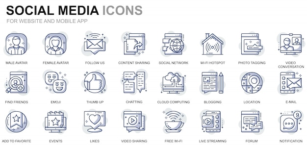 Set di icone semplici di social media e di linea di rete per siti web e app mobili