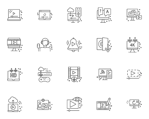 Simple set of streaming elements related icons in line style