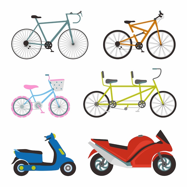 Простой набор транспортных плоских иконок векторного дизайна Содержит, например, спортивный велосипед женский велосипедный мотоцикл и спортивный мотоцикл Транспортные векторные элементы иллюстрации шаржа